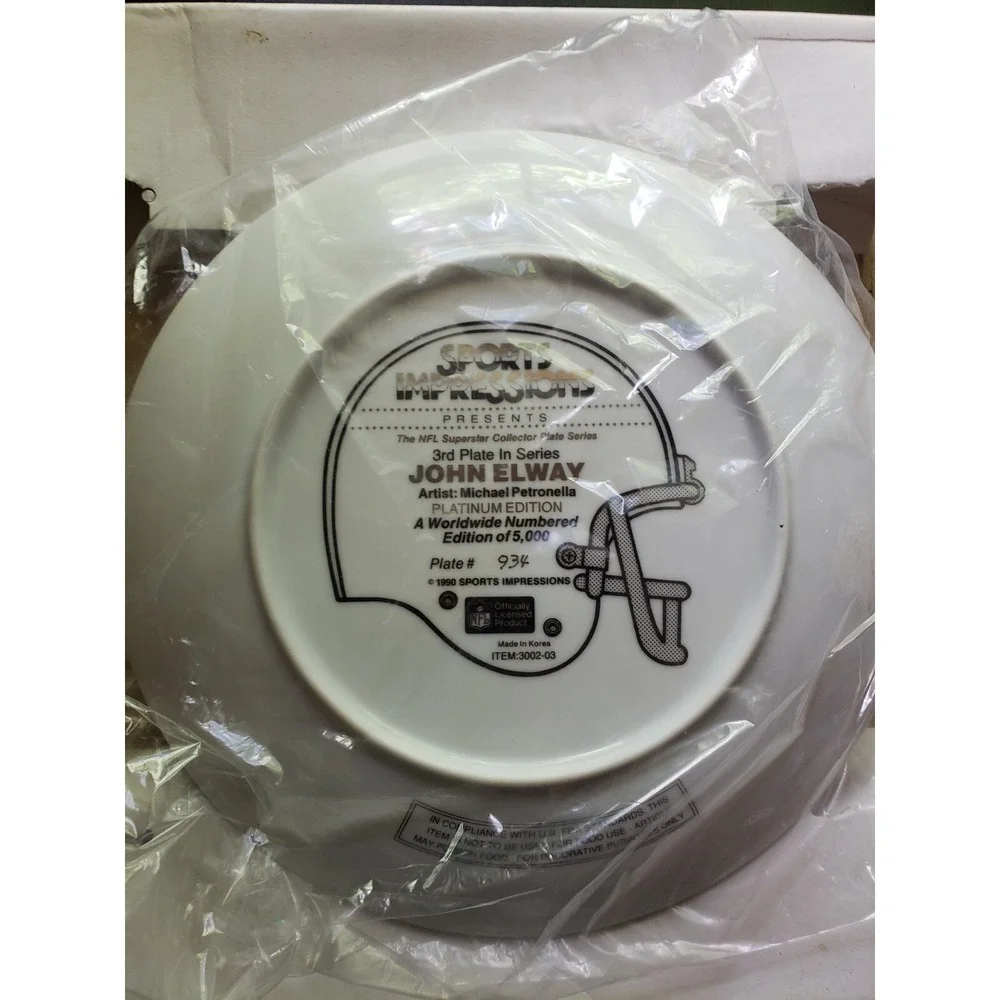 John Elway Sports Impressions Plate NFL 3rd Plate In Series Platinum Edition COA